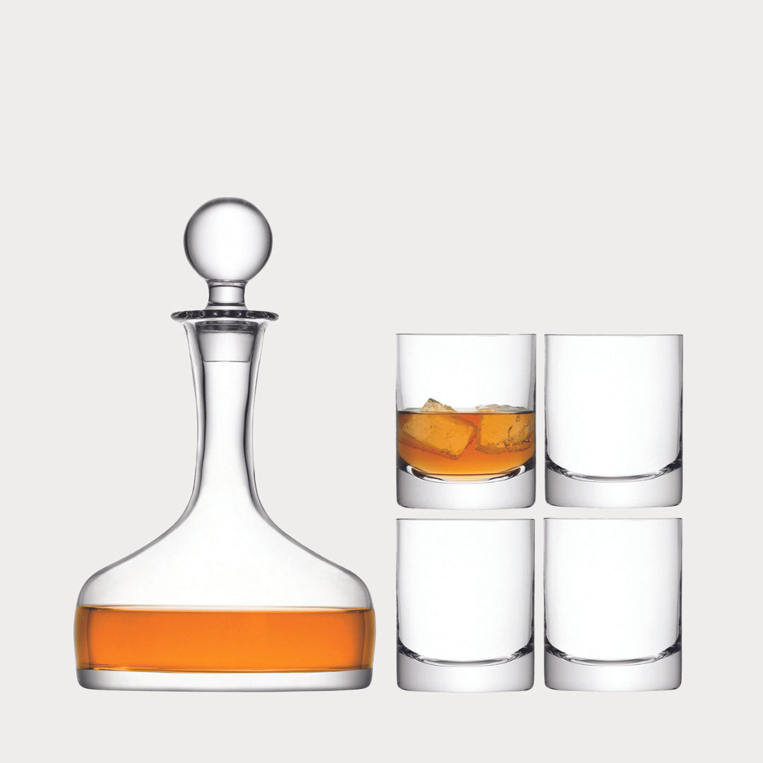 Close-up of the mouthblown whiskey decanter showcasing its elegant design.