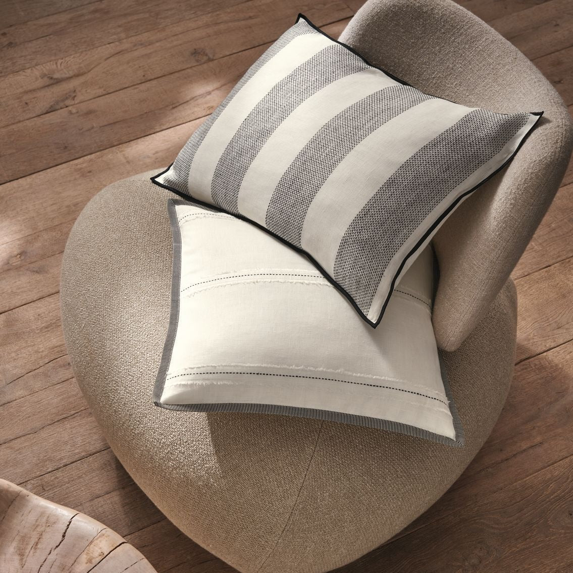 Striped Linen Cushion with precisely woven stripes, available at Clarkson Lee Lifestyle.